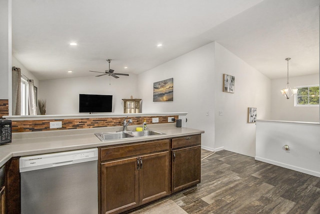 207 Station Hill St, Galesburg, MI 49053 - kitchen with dishwasher, a sink, dark wood finished floors, a ceiling fan, and lofted ceiling