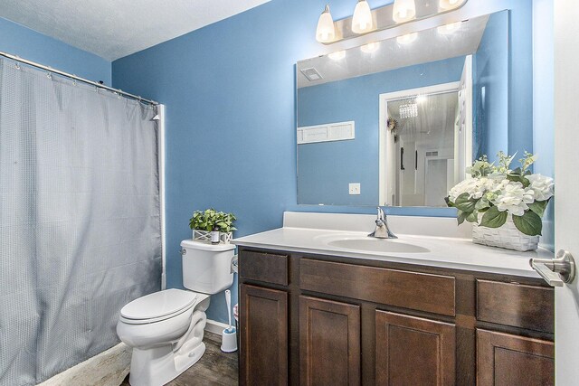 207 Station Hill St, Galesburg, MI 49053 - full bathroom featuring toilet, vanity, wood finished floors, and a shower with shower curtain