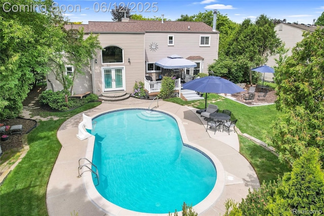 1140 W Lemont Ct, Canton, MI 48187 - outdoor pool featuring a gazebo, french doors, a patio area, a lawn, and outdoor dining area