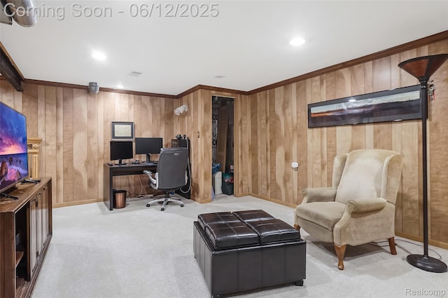 1140 W Lemont Ct, Canton, MI 48187 - carpeted home office with wood walls, ornamental molding, baseboards, and recessed lighting