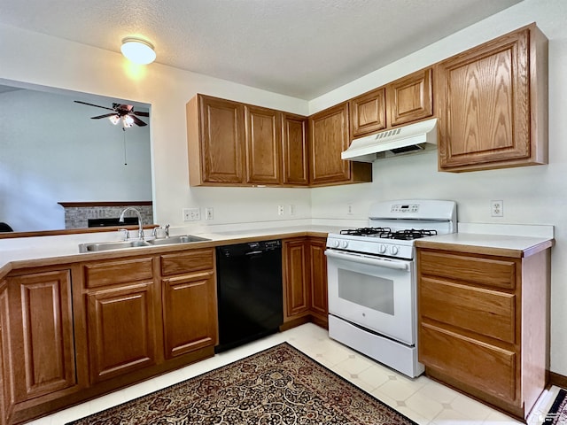 6757 Lockmill Rd, Temperance, MI 48182 - kitchen featuring black dishwasher, under cabinet range hood, white range with gas stovetop, a sink, and ceiling fan
