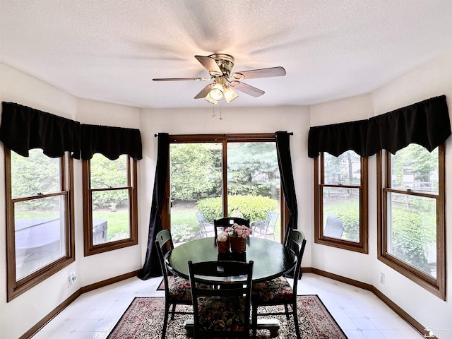 6757 Lockmill Rd, Temperance, MI 48182 - dining area featuring a textured ceiling, ceiling fan, and baseboards