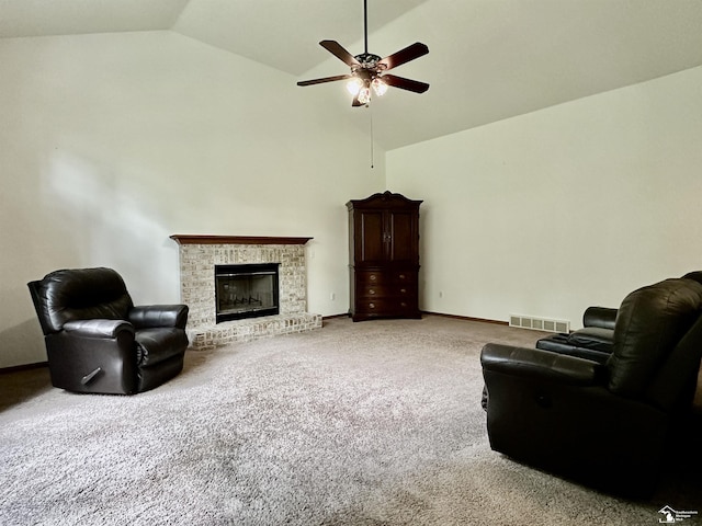 6757 Lockmill Rd, Temperance, MI 48182 - carpeted living area featuring a ceiling fan, a brick fireplace, high vaulted ceiling, and baseboards