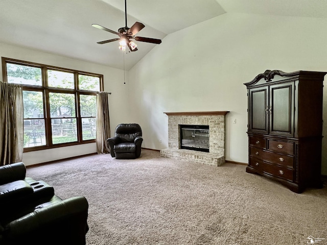 6757 Lockmill Rd, Temperance, MI 48182 - carpeted living room with ceiling fan, a fireplace, baseboards, and high vaulted ceiling
