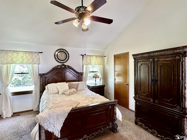 6757 Lockmill Rd, Temperance, MI 48182 - bedroom with light carpet, multiple windows, vaulted ceiling, and ceiling fan