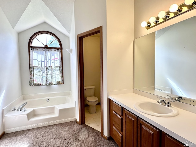 6757 Lockmill Rd, Temperance, MI 48182 - bathroom with a bath, vanity, toilet, and lofted ceiling