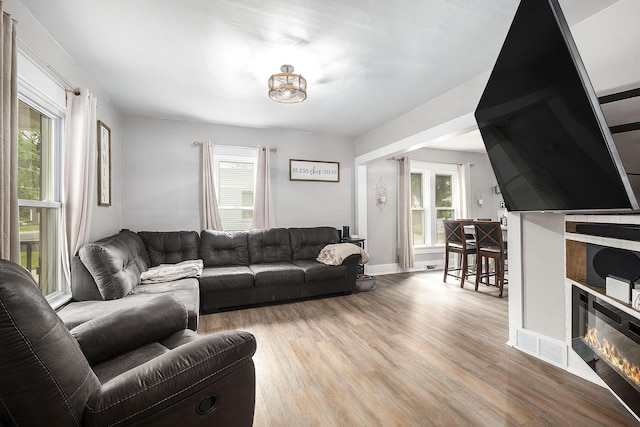 49 S Arthur St, Grant, MI 49327 - living area featuring plenty of natural light, light wood-style flooring, and a glass covered fireplace