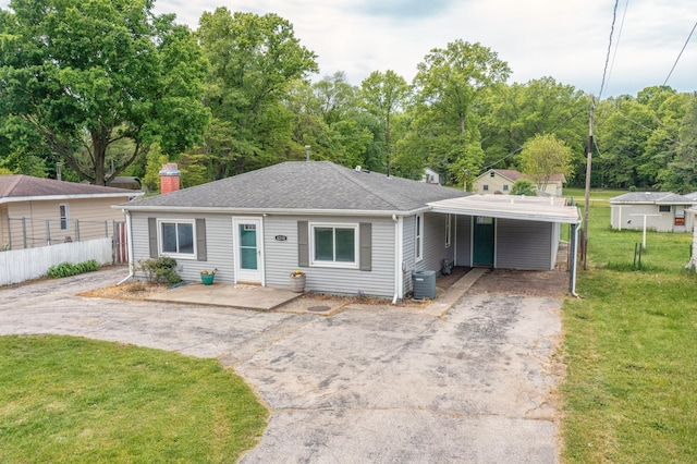 6210 Johnson Rd, Coloma, MI 49038 - bungalow-style house with driveway, a carport, a chimney, a shingled roof, and central air condition unit