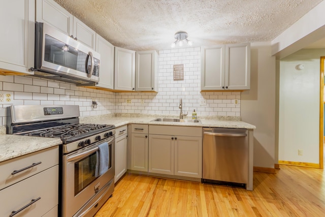 6210 Johnson Rd, Coloma, MI 49038 - kitchen featuring stainless steel appliances, a sink, light wood-style floors, a textured ceiling, and tasteful backsplash
