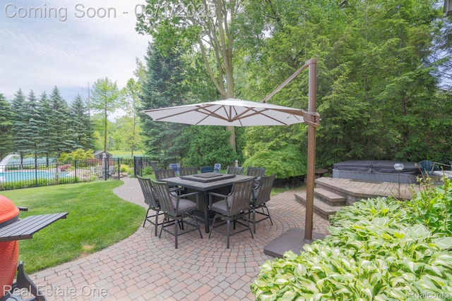 39888 Brylor, Clinton Township, MI 48038 - view of patio / terrace featuring a covered hot tub, outdoor dining space, and view of scattered trees