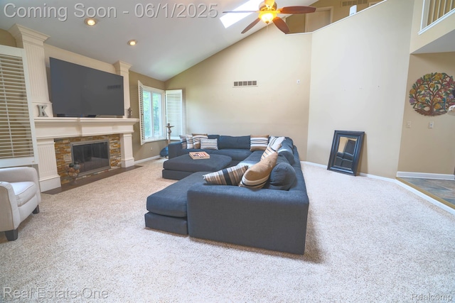 39888 Brylor, Clinton Township, MI 48038 - living room featuring carpet, ceiling fan, high vaulted ceiling, baseboards, and a fireplace