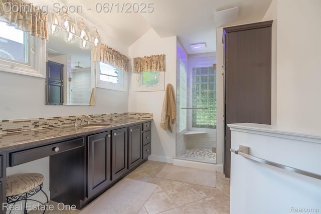 39888 Brylor, Clinton Township, MI 48038 - full bath featuring tiled shower, vanity, tile patterned floors, tasteful backsplash, and vaulted ceiling