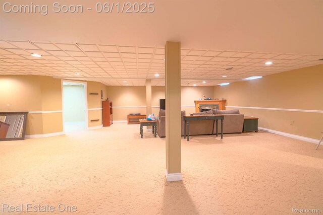 39888 Brylor, Clinton Township, MI 48038 - finished basement featuring a fireplace, baseboards, carpet flooring, and recessed lighting