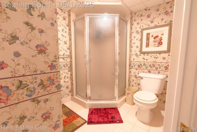 39888 Brylor, Clinton Township, MI 48038 - full bathroom with wallpapered walls, a stall shower, tile patterned flooring, and toilet