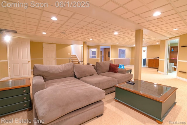39888 Brylor, Clinton Township, MI 48038 - living room with carpet floors, baseboards, stairs, recessed lighting, and a paneled ceiling