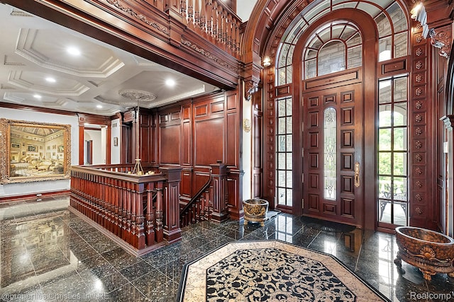 975 Sunningdale Dr, Bloomfield Hills, MI 48302 - foyer entrance featuring inlaid floor details, granite tiled floors, ornamental molding, recessed lighting, and healthy amount of natural light