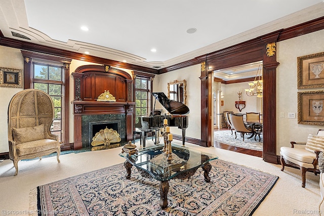 975 Sunningdale Dr, Bloomfield Hills, MI 48302 - living room featuring crown molding, a chandelier, baseboards, plenty of natural light, and carpet