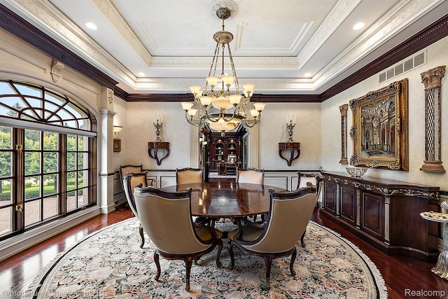 975 Sunningdale Dr, Bloomfield Hills, MI 48302 - dining room featuring a chandelier, dark wood-style flooring, crown molding, a decorative wall, and wainscoting