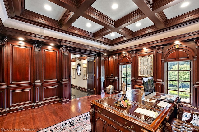 975 Sunningdale Dr, Bloomfield Hills, MI 48302 - office with dark wood-style flooring, crown molding, coffered ceiling, beam ceiling, and decorative columns
