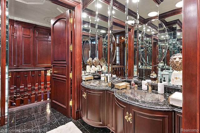 975 Sunningdale Dr, Bloomfield Hills, MI 48302 - bathroom with granite tiled floors, vanity, and crown molding