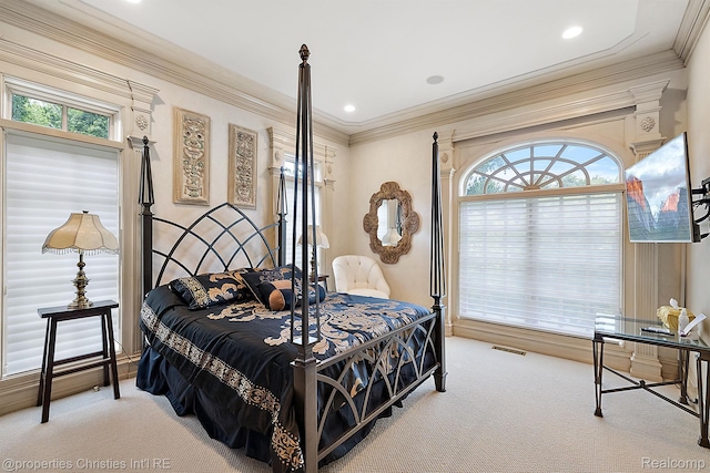 975 Sunningdale Dr, Bloomfield Hills, MI 48302 - bedroom featuring light carpet, ornamental molding, and recessed lighting