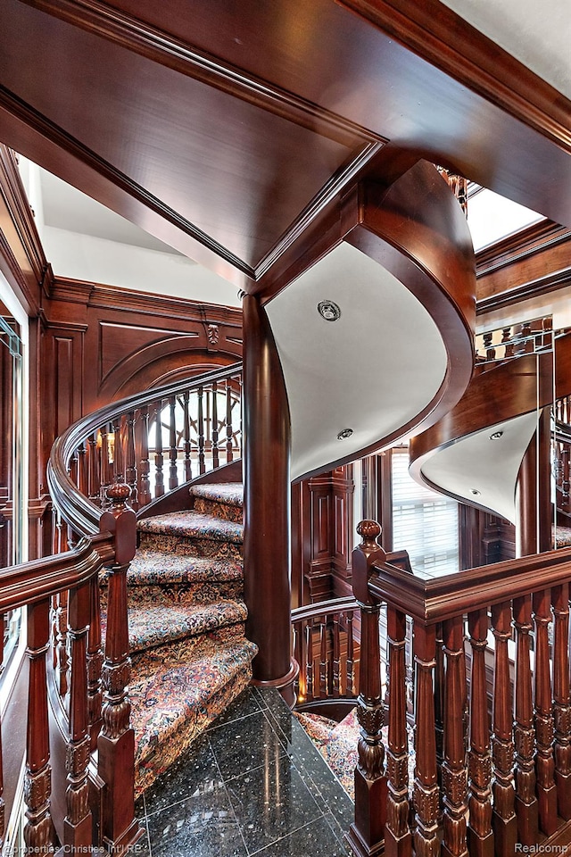 975 Sunningdale Dr, Bloomfield Hills, MI 48302 - stairway with granite tiled floors and crown molding