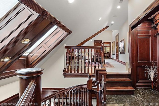 975 Sunningdale Dr, Bloomfield Hills, MI 48302 - staircase featuring lofted ceiling, granite floors, and recessed lighting