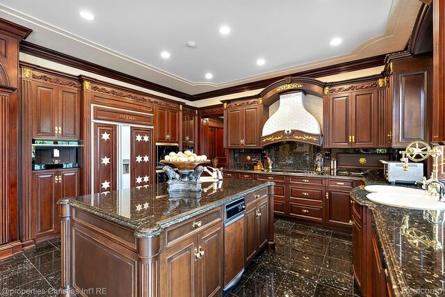 975 Sunningdale Dr, Bloomfield Hills, MI 48302 - kitchen with premium range hood, granite floors, a kitchen island, crown molding, and paneled built in refrigerator