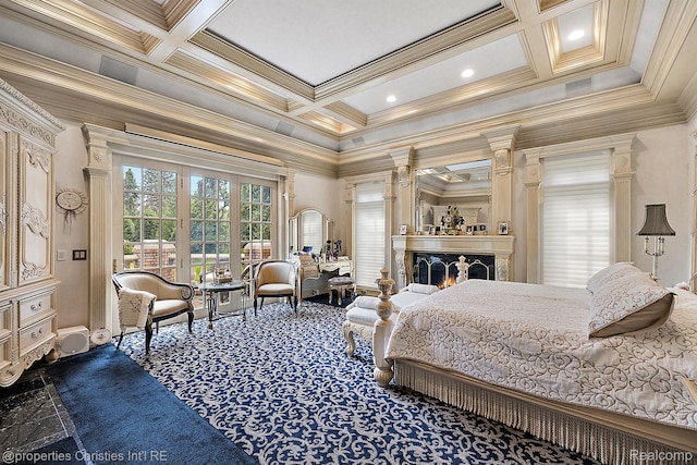 975 Sunningdale Dr, Bloomfield Hills, MI 48302 - bedroom with coffered ceiling, crown molding, access to outside, a lit fireplace, and beam ceiling