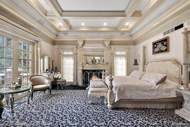 975 Sunningdale Dr, Bloomfield Hills, MI 48302 - carpeted bedroom featuring ornamental molding, a high ceiling, decorative columns, coffered ceiling, and a lit fireplace