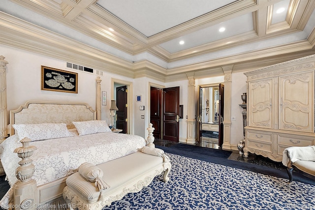 975 Sunningdale Dr, Bloomfield Hills, MI 48302 - carpeted bedroom featuring coffered ceiling, crown molding, and beamed ceiling