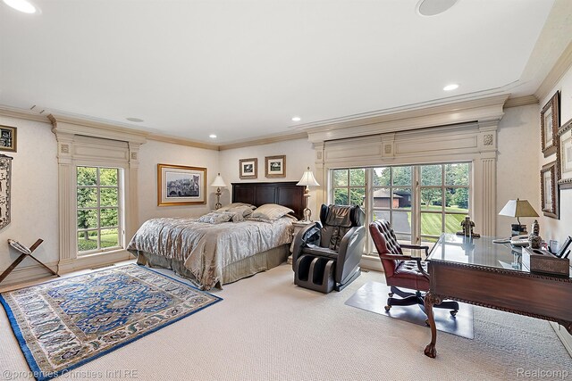 975 Sunningdale Dr, Bloomfield Hills, MI 48302 - carpeted bedroom with ornamental molding, multiple windows, recessed lighting, an office area, and access to outside