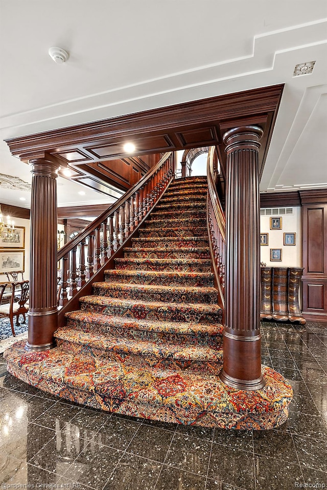 975 Sunningdale Dr, Bloomfield Hills, MI 48302 - stairs featuring granite floors and ornate columns