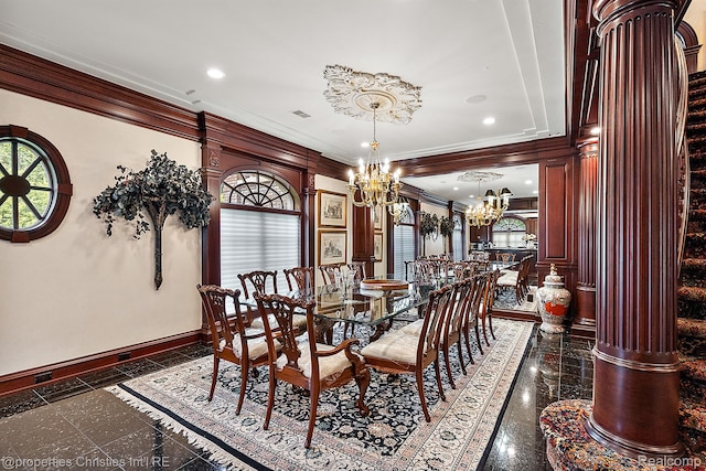 975 Sunningdale Dr, Bloomfield Hills, MI 48302 - dining space with a chandelier, crown molding, granite tiled floors, baseboards, and recessed lighting