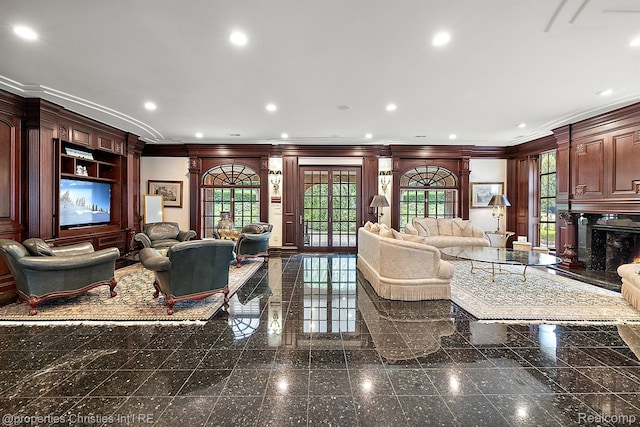 975 Sunningdale Dr, Bloomfield Hills, MI 48302 - living area with ornamental molding, granite floors, a fireplace, and recessed lighting