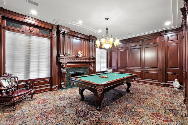 975 Sunningdale Dr, Bloomfield Hills, MI 48302 - rec room featuring a decorative wall, a chandelier, pool table, a high end fireplace, and recessed lighting