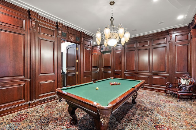975 Sunningdale Dr, Bloomfield Hills, MI 48302 - recreation room with crown molding, a decorative wall, billiards, and a chandelier