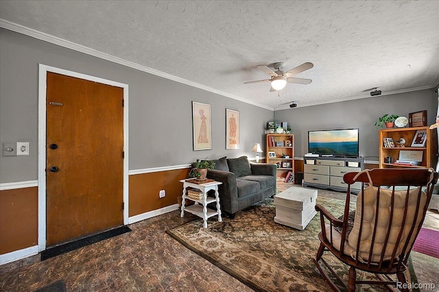 335 Douglas Dr, Bloomfield Hills, MI 48304 - living area with ceiling fan, baseboards, crown molding, and a textured ceiling