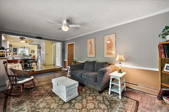 335 Douglas Dr, Bloomfield Hills, MI 48304 - living area with a ceiling fan, a textured ceiling, ornamental molding, and baseboards