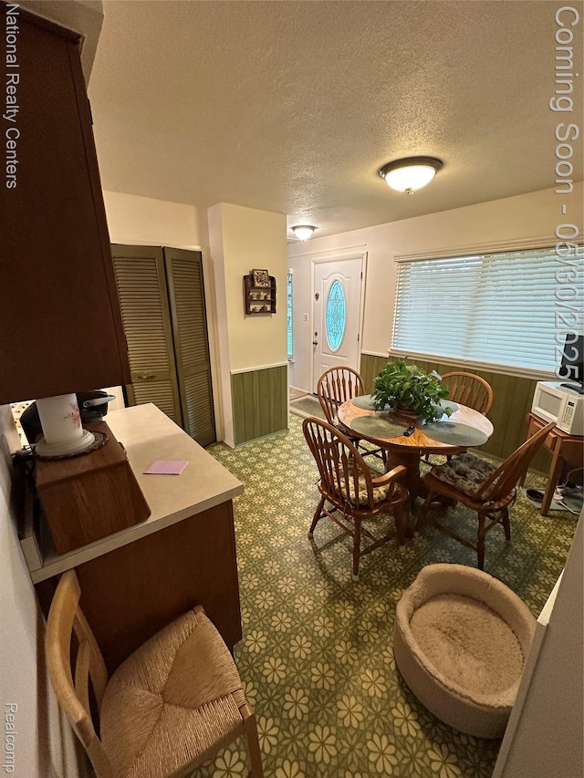 35951 Dover St, Livonia, MI 48150 - dining area featuring wainscoting, a textured ceiling, and wooden walls