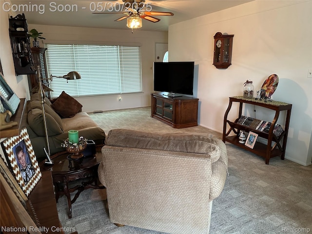 35951 Dover St, Livonia, MI 48150 - living area with carpet, a ceiling fan, and baseboards