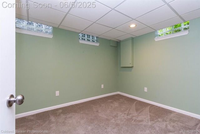 1975 Chancery Dr, Troy, MI 48085 - below grade area with carpet flooring, a paneled ceiling, baseboards, and recessed lighting