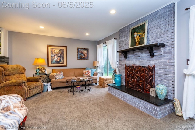 1975 Chancery Dr, Troy, MI 48085 - carpeted living area featuring recessed lighting and a brick fireplace