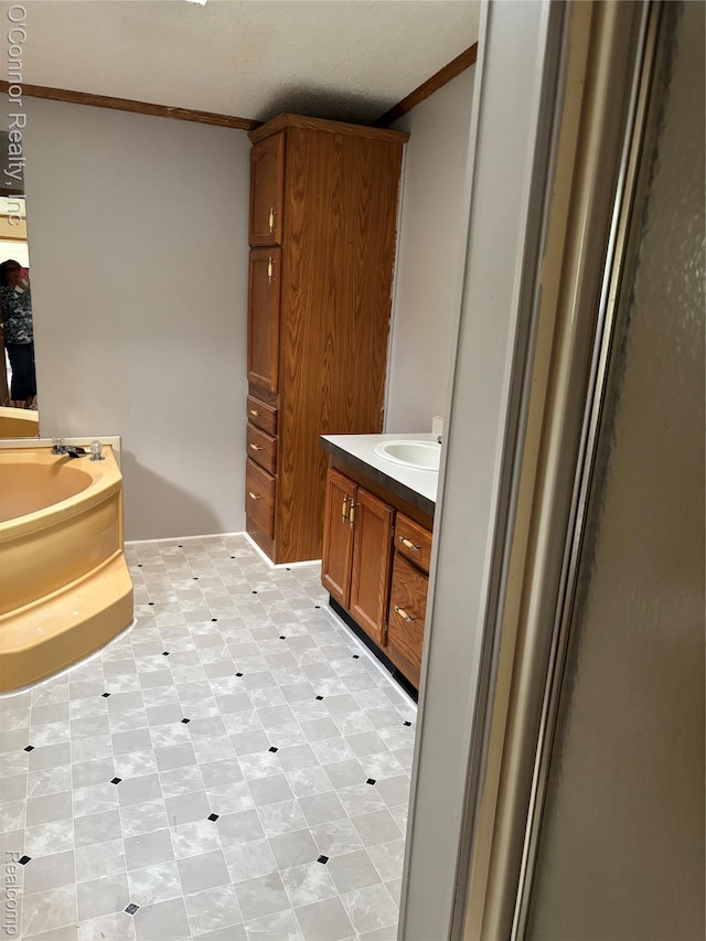 504 Bush Lake Ln, Smiths Creek, MI 48074 - bathroom with ornamental molding, vanity, and a bath