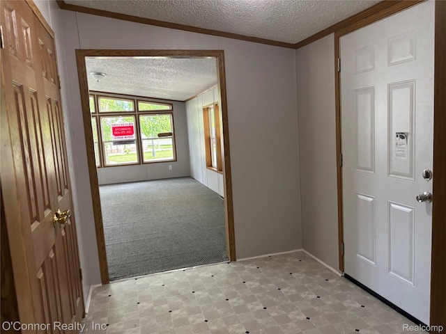 504 Bush Lake Ln, Smiths Creek, MI 48074 - foyer with a textured ceiling, crown molding, light colored carpet, light floors, and vaulted ceiling