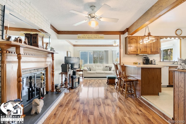 15179 Norman St, Livonia, MI 48154 - kitchen featuring a ceiling fan, dishwasher, light wood-style flooring, a large fireplace, and plenty of natural light