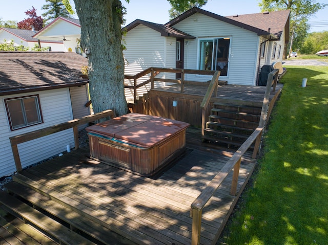 6132 W Houghton Lake Dr, Houghton Lake, MI 48629 - back of house with a hot tub, a wooden deck, a shingled roof, and a yard