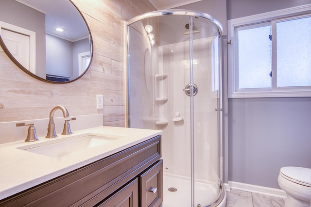 6132 W Houghton Lake Dr, Houghton Lake, MI 48629 - bathroom featuring a stall shower, toilet, marble finish flooring, vanity, and baseboards