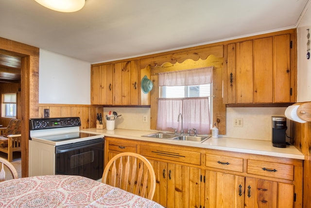 6132 W Houghton Lake Dr, Houghton Lake, MI 48629 - kitchen featuring range with electric cooktop, a sink, brown cabinetry, light countertops, and wooden walls