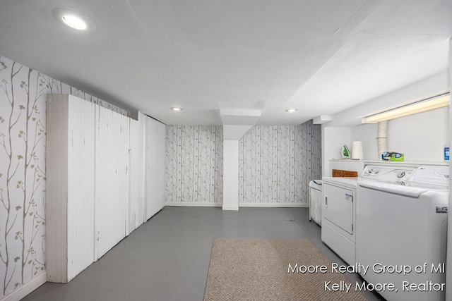 607 E Coffren St, Greenville, MI 48838 - washroom featuring wallpapered walls, separate washer and dryer, recessed lighting, and baseboards